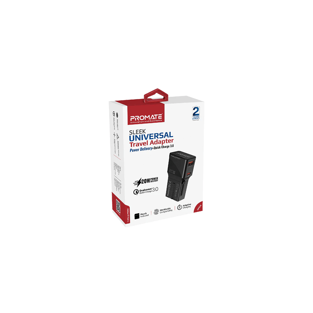 Promate TriPlug-PD20 Sleek Universal Travel Adapter with 20W Power Delivery & Quick Charge 3.0 - Black in Qatar Promate TriPlug-PD20 Sleek Universal Travel Adapter with 20W Power Delivery & Quick Charge 3.0 - Black in Qatar